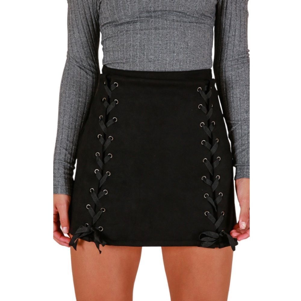 Black Faux Suede Lace Up Skirt